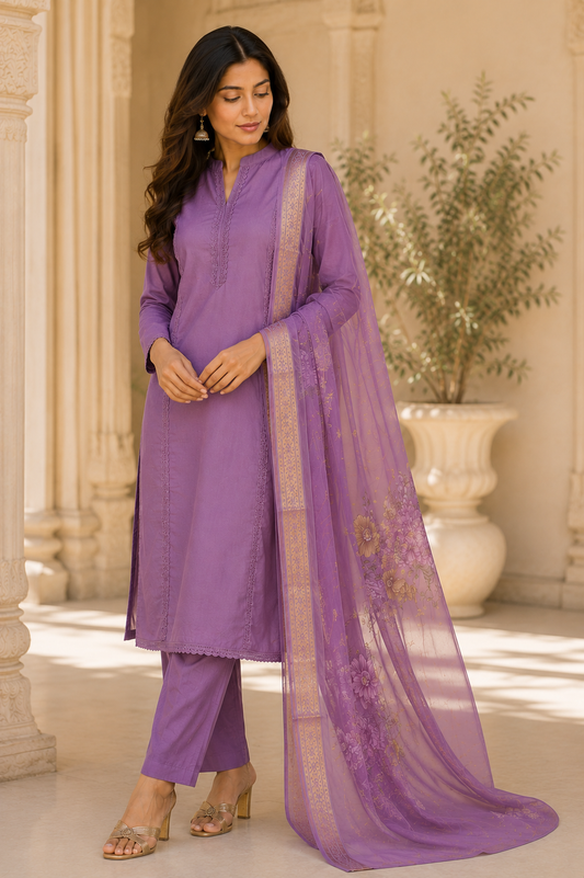 Lavender Floral Dupatta Suit Set