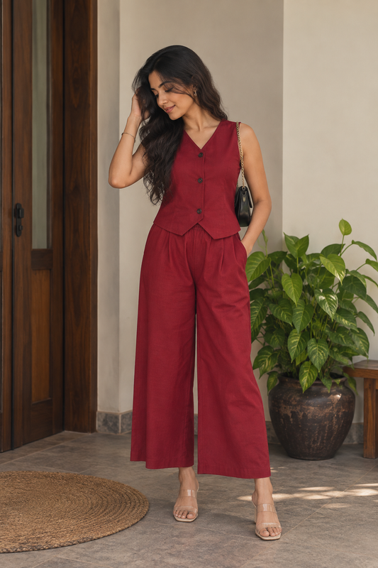 Red Sleeveless Vest and Wide-Leg Trouser Set