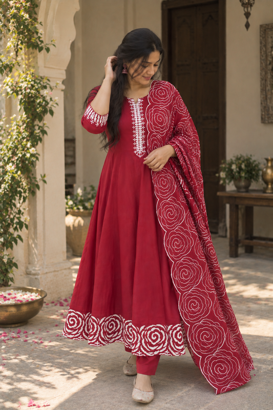 Crimson Rose Print Anarkali Set