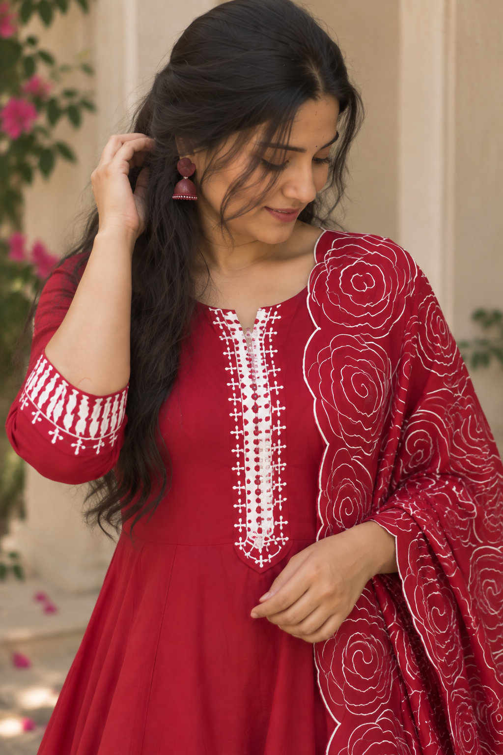 Crimson Rose Print Anarkali Set