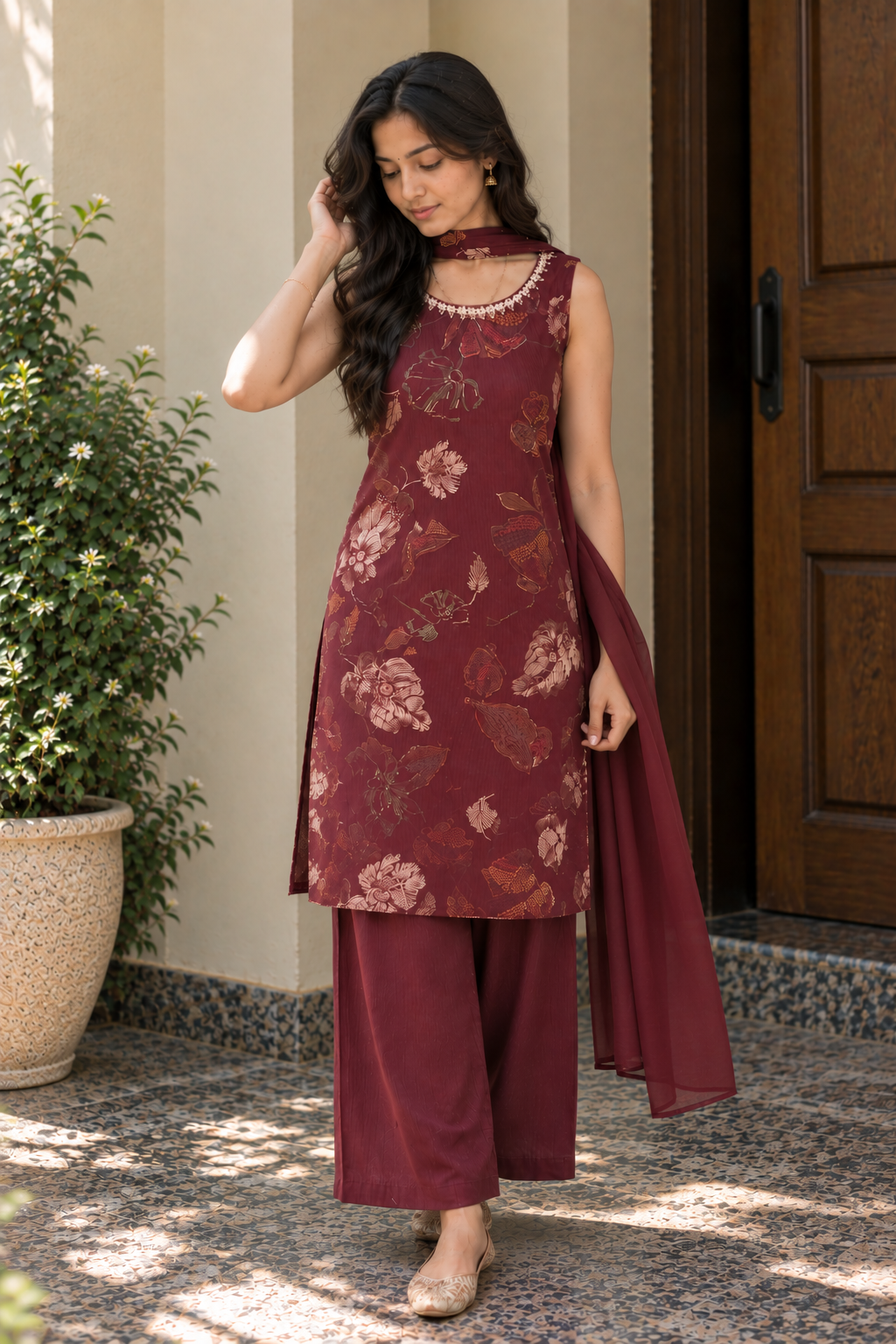 Mahira Maroon Floral Kurti Palazzo Set