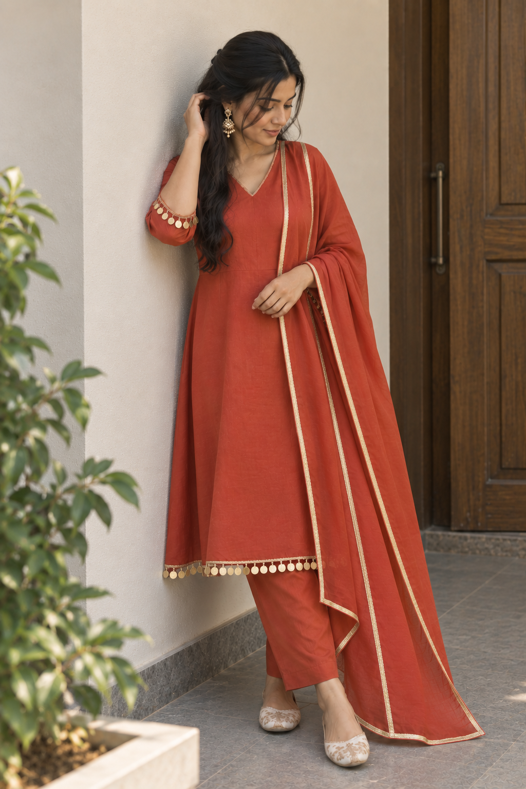 Rust Orange Gold-Trim Kurti Set