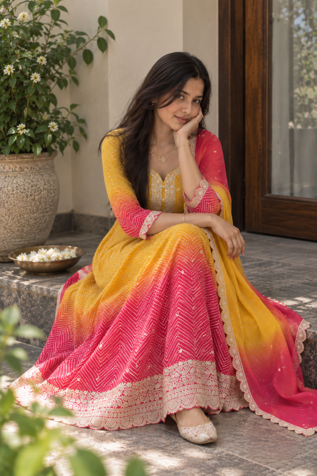 Mustard Pink Anarkali Set