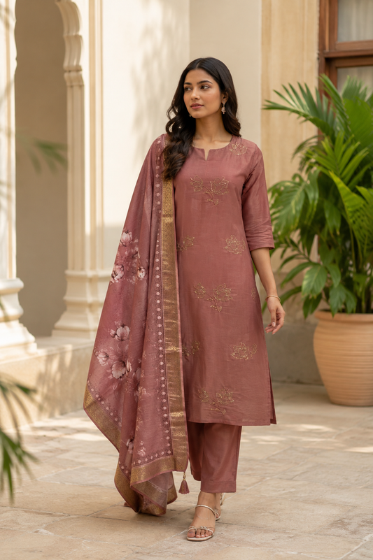 Mauve Floral Embroidered 3-Piece Suit Set