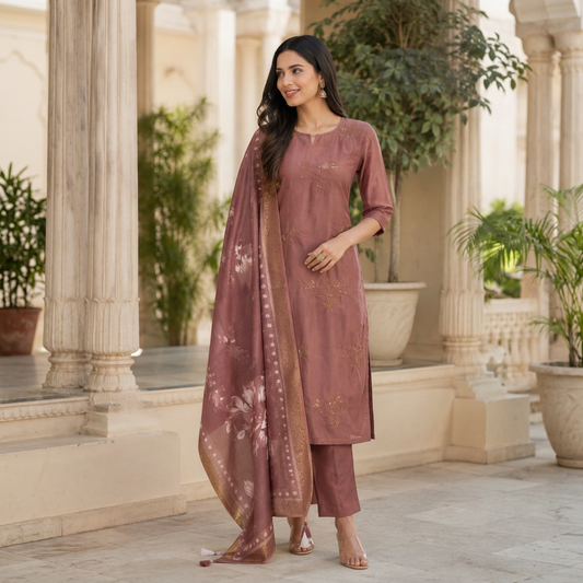 Mauve Floral Embroidered 3-Piece Suit Set