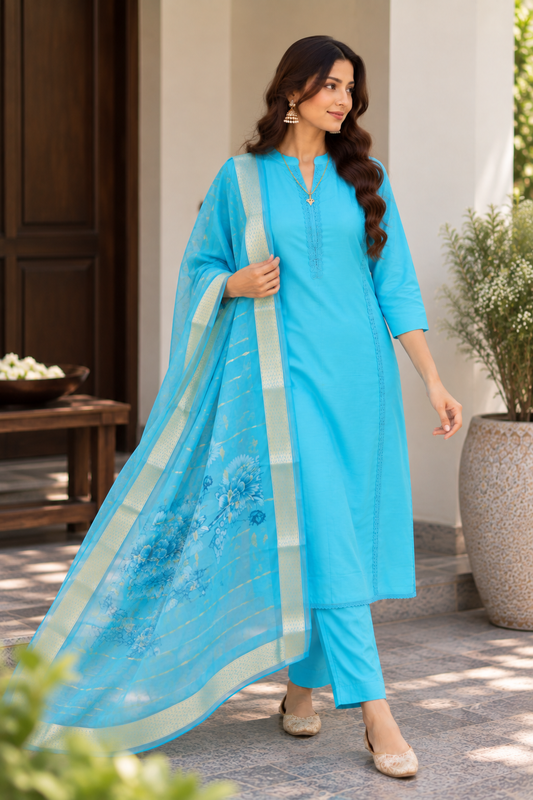 Blue Cotton Silk Set