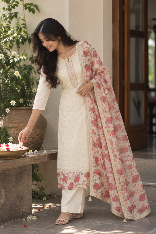 Cream Floral Dupatta Kurti Set — product photo 2