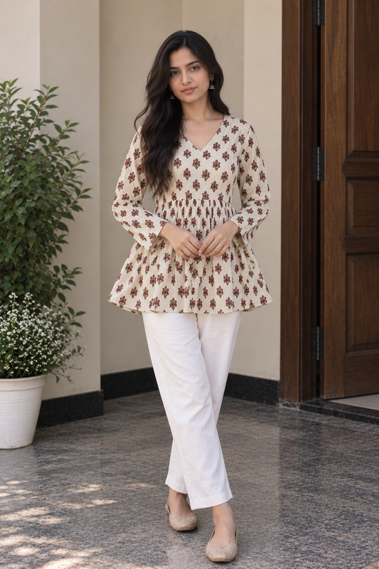 Cream Floral Peplum Short Kurti — product photo 2