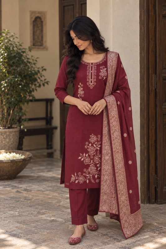 Deep Red Gold-Detail Kurti Set — product photo 2