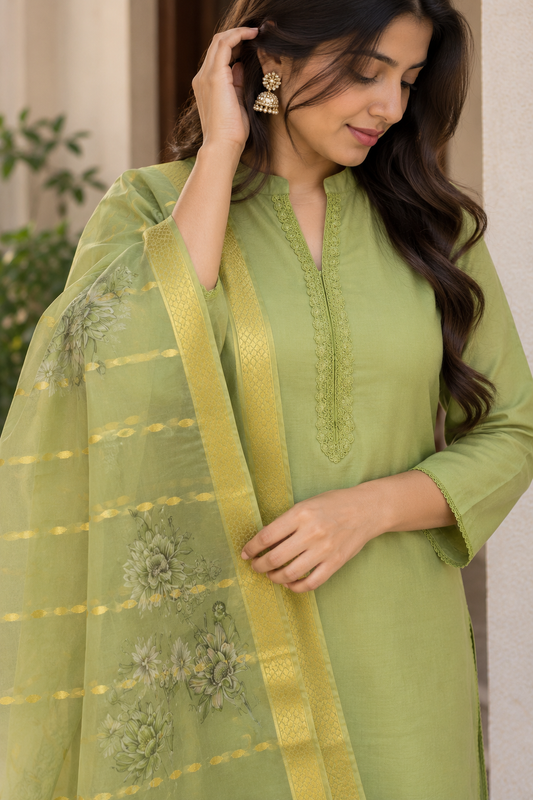 Sage Green Cotton Silk 3-Piece Suit Set with Organza Dupatta