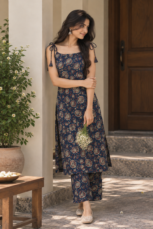 Indigo Bloom Tie-Up Kurti Set — product photo 2