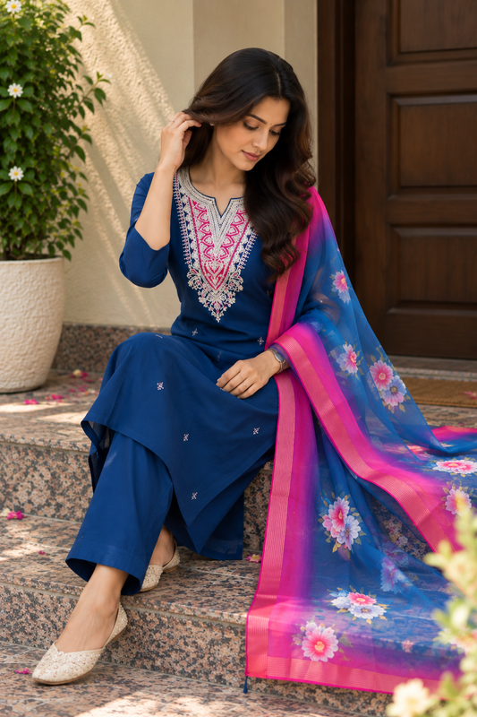 Indigo Blue Floral Dupatta Kurti Set — product photo 2