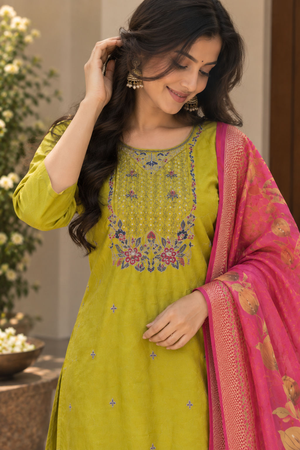 Mustard Yellow Pink Dupatta Kurti Set — product photo 4