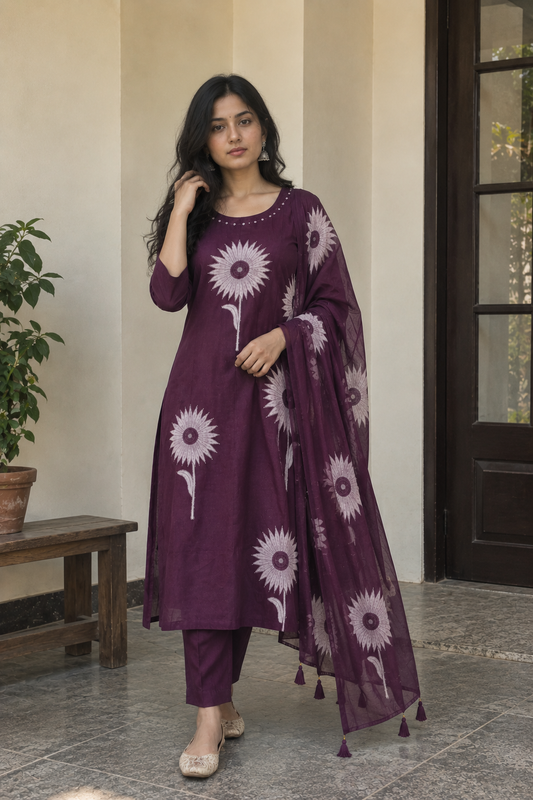 Plum Sunflower 3-Piece Kurti Set — product photo 2