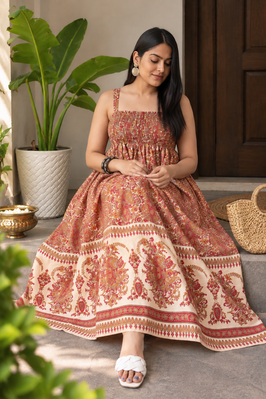 Rust Paisley Smocked Dress – Free Size