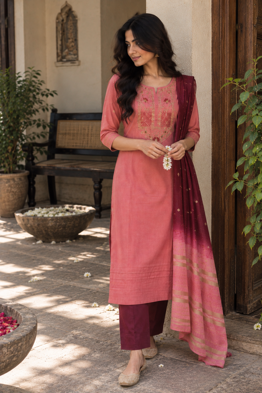 Rosewood Gold-Detail Kurti Set — product photo 2