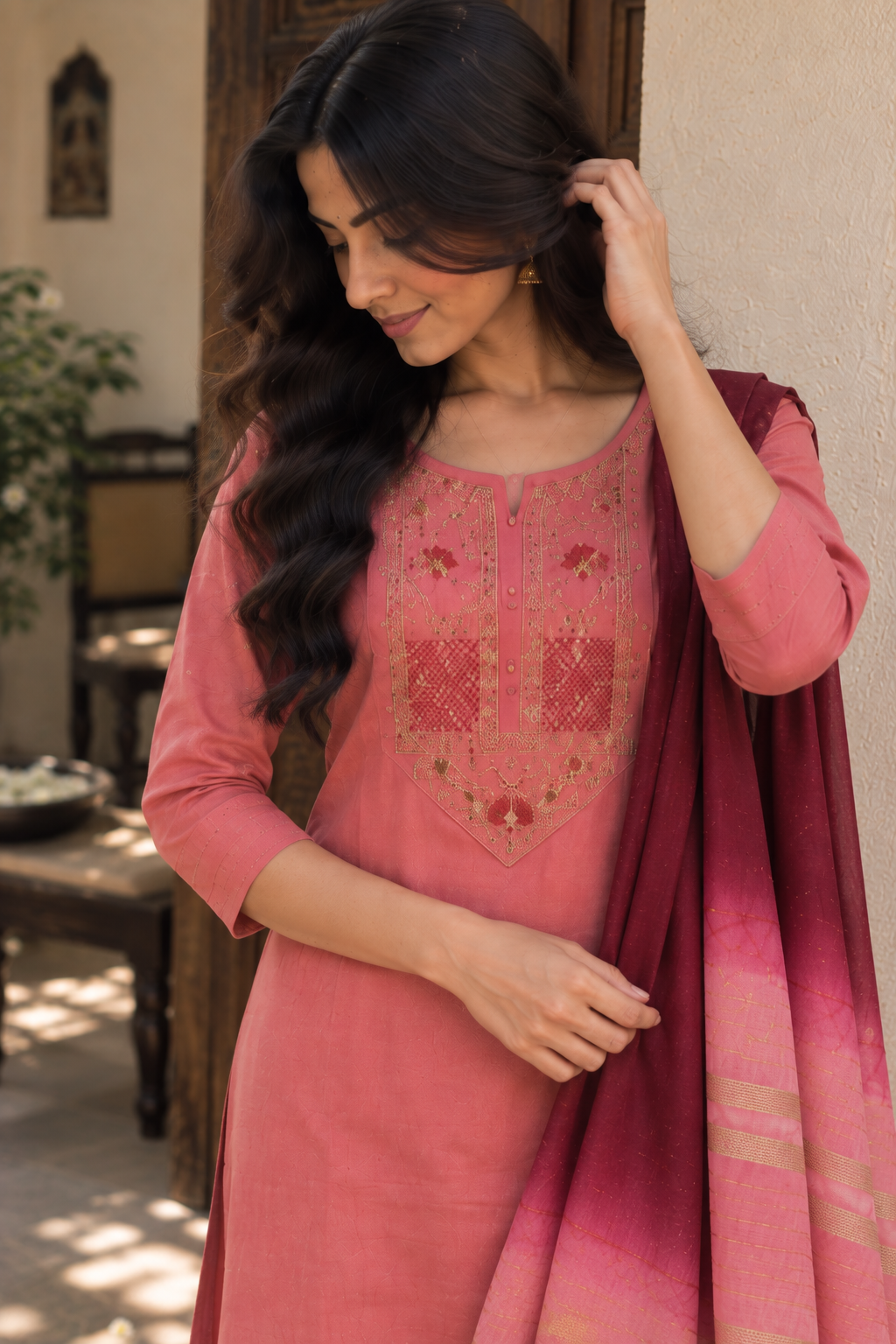 Rosewood Gold-Detail Kurti Set — product photo 4