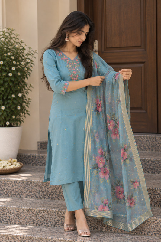 Sky Blue Floral Embroidered 3-Piece Set — product photo 2