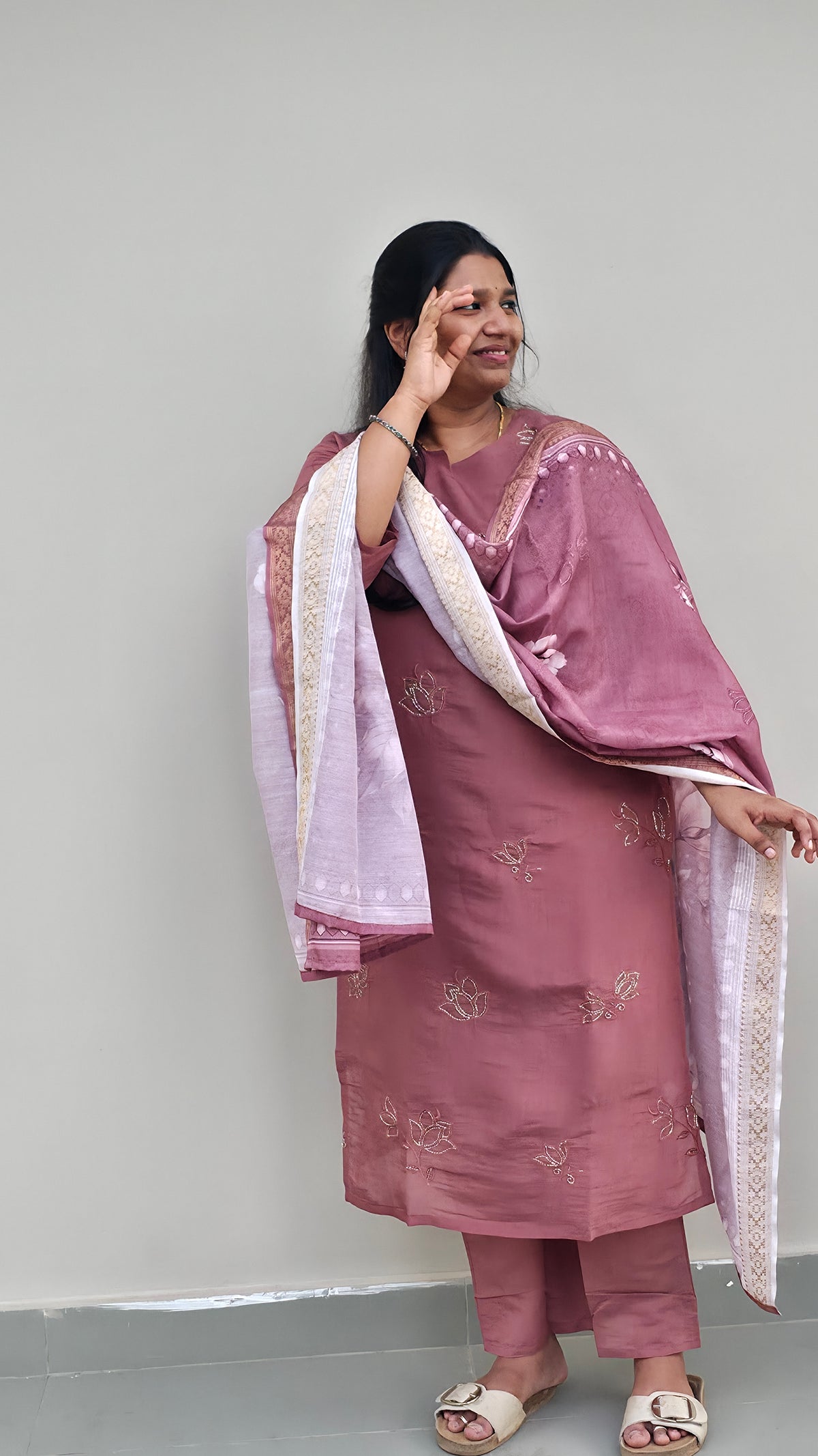 Mauve Floral Embroidered 3-Piece Suit Set