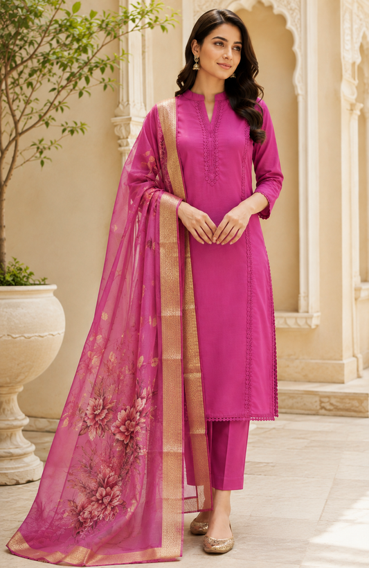 Fuchsia Floral Dupatta Suit Set