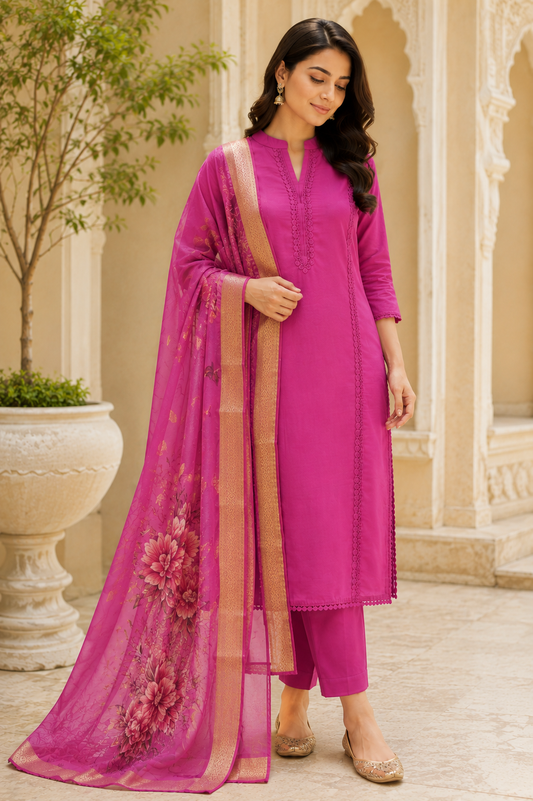 Fuchsia Floral Dupatta Suit Set