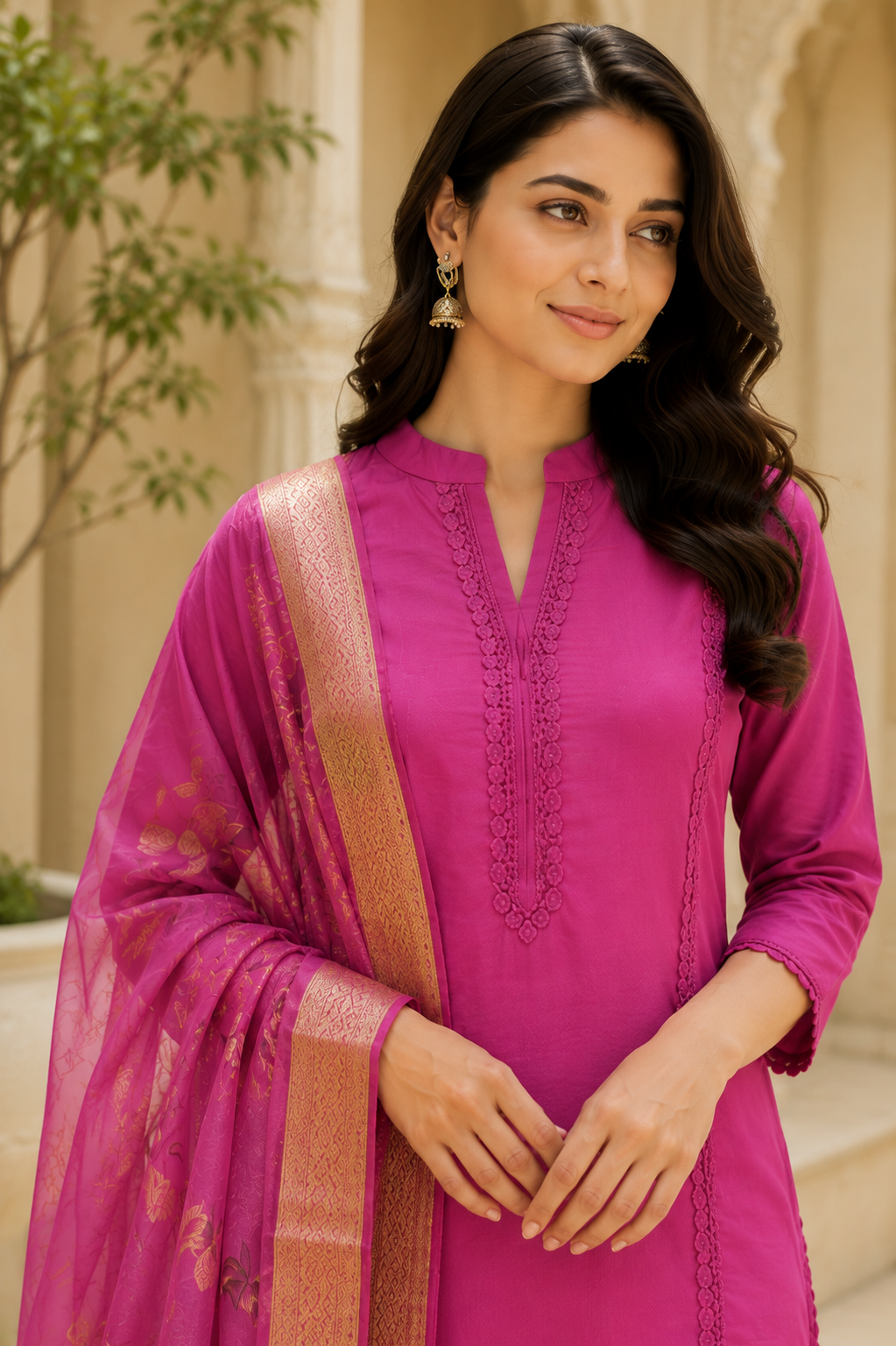 Fuchsia Floral Dupatta Suit Set
