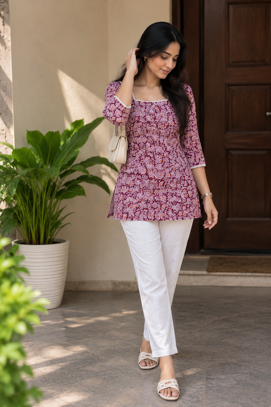 Pink Floral Corset Short Kurti