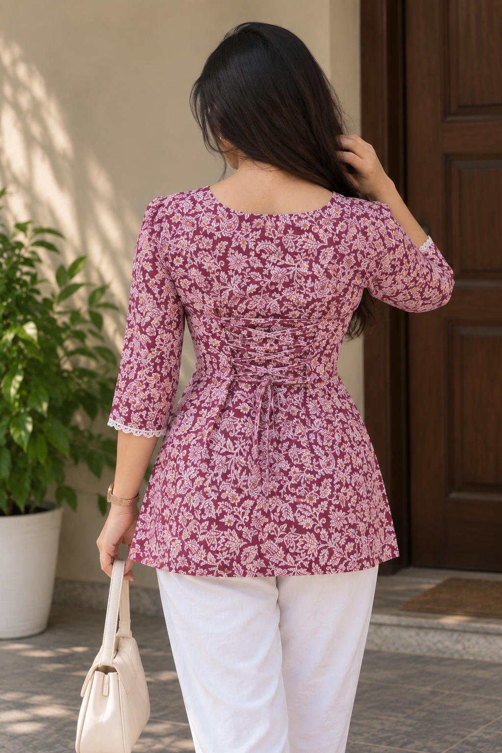Pink Floral Corset Short Kurti