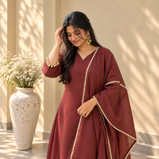 Mocha Gold Lace Kurti Set