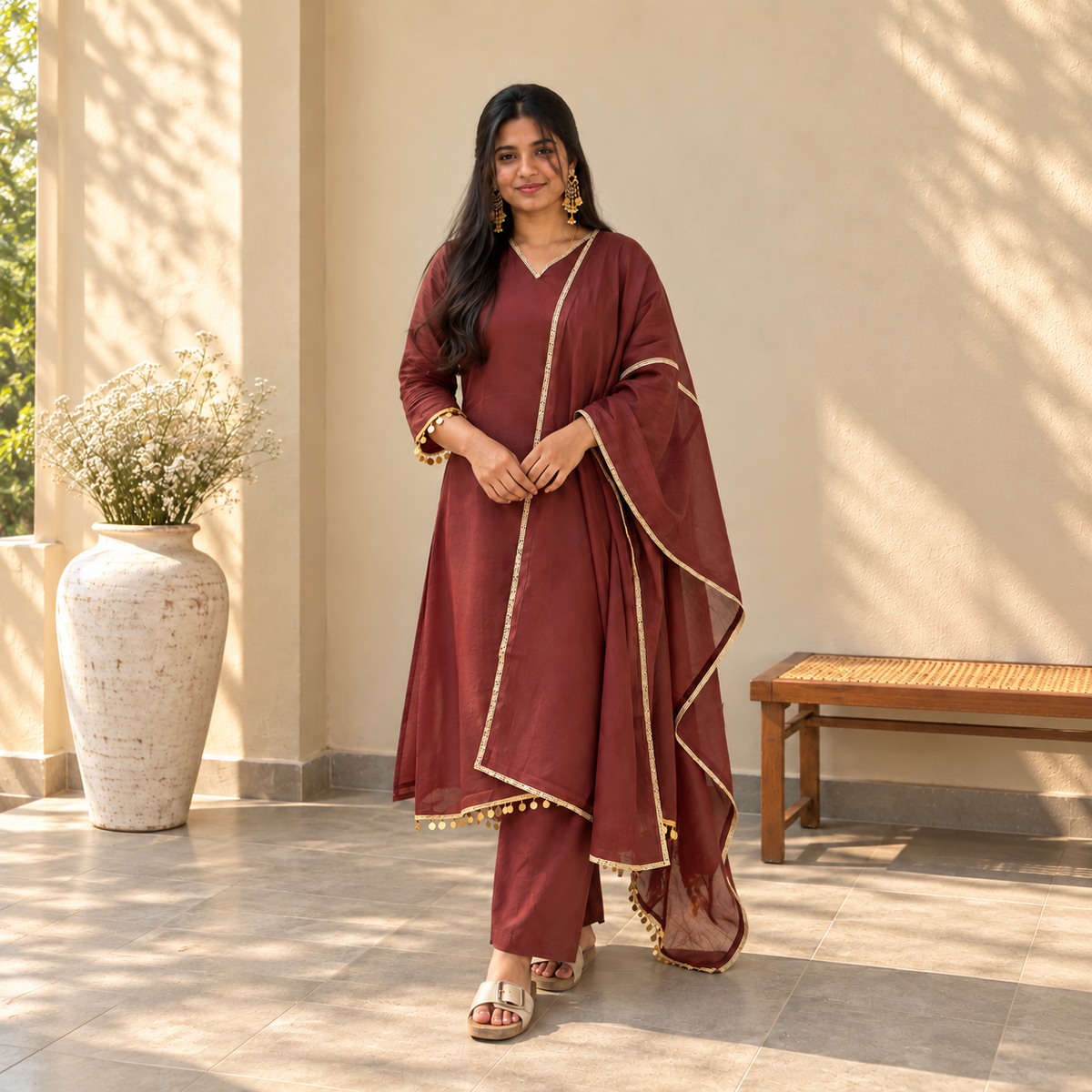 Mocha Gold Lace Kurti Set