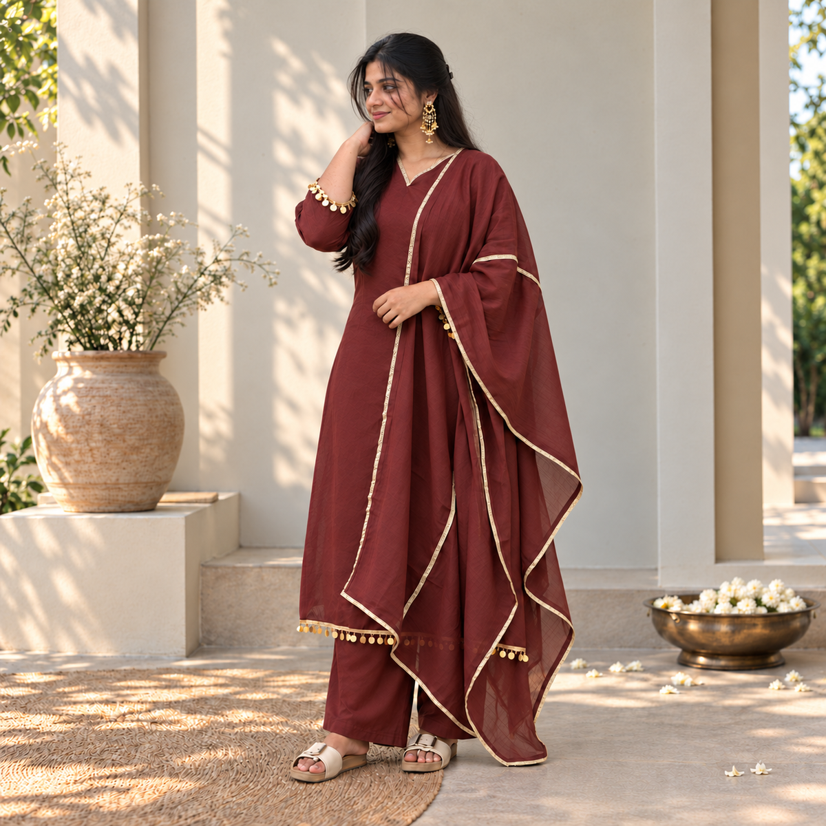 Mocha Gold Lace Kurti Set