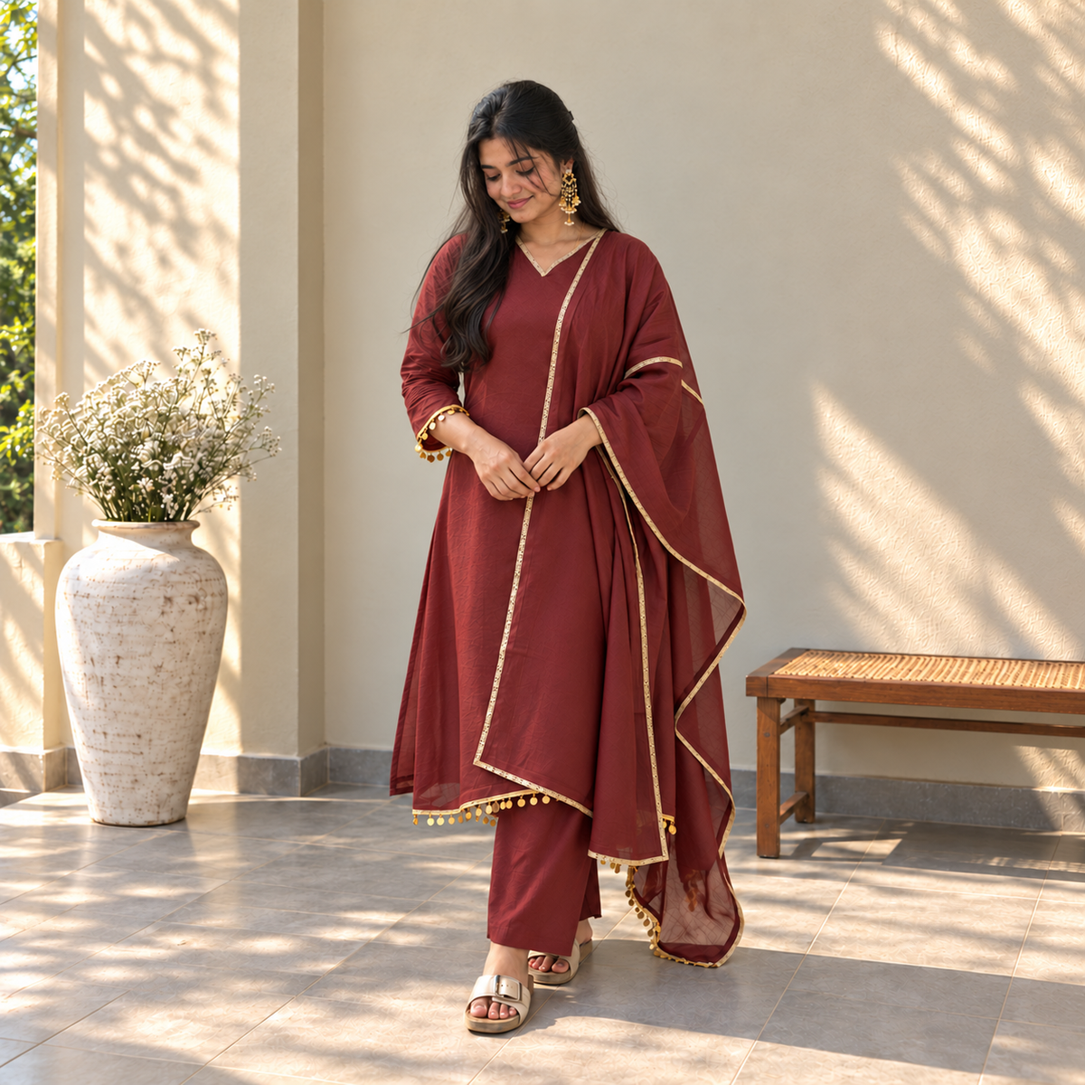 Mocha Gold Lace Kurti Set