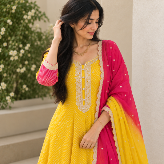 Mustard Pink Anarkali Set