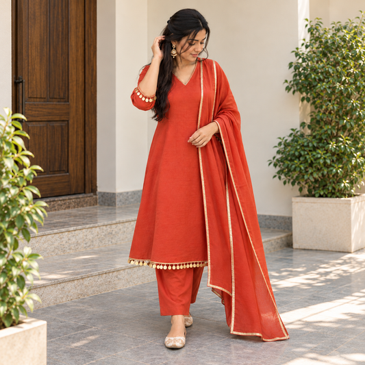 Rust Orange Gold-Trim Kurti Set