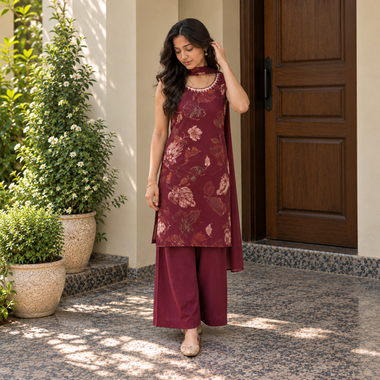 Mahira Maroon Floral Kurti Palazzo Set