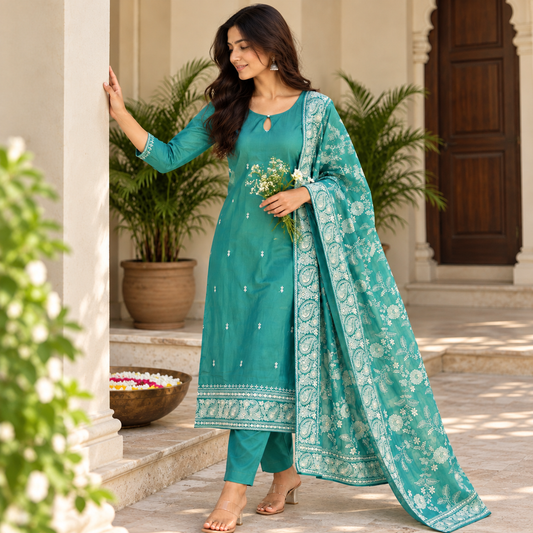 Sea Green Embroidered Suit Set