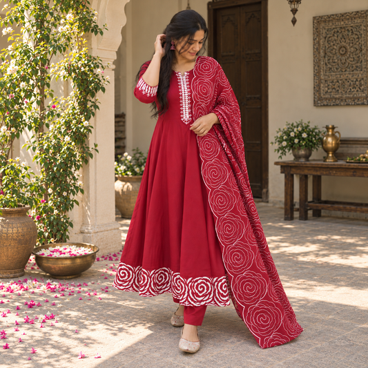 Crimson Rose Print Anarkali Set