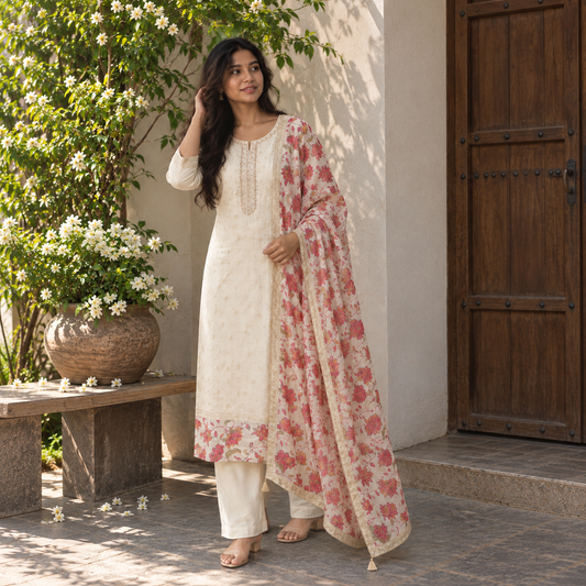Cream Floral Dupatta Kurti Set