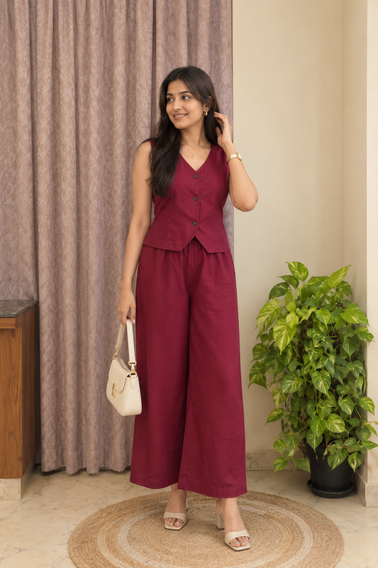 Red Sleeveless Vest and Wide-Leg Trouser Set