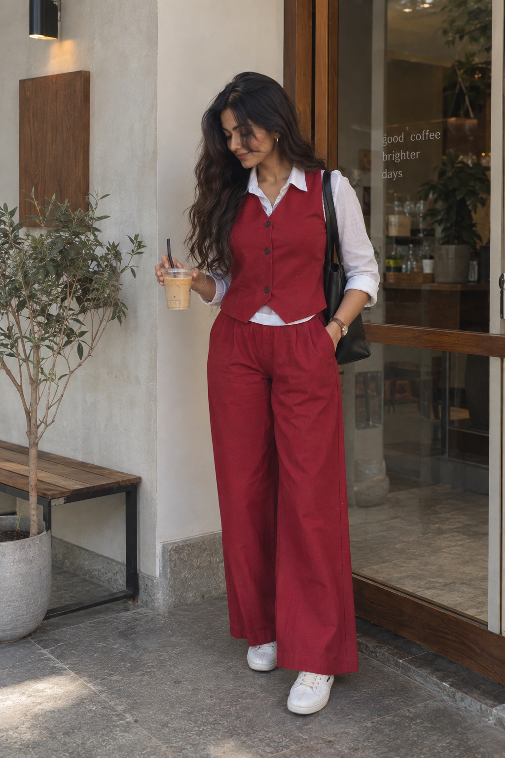 Red Sleeveless Vest and Wide-Leg Trouser Set