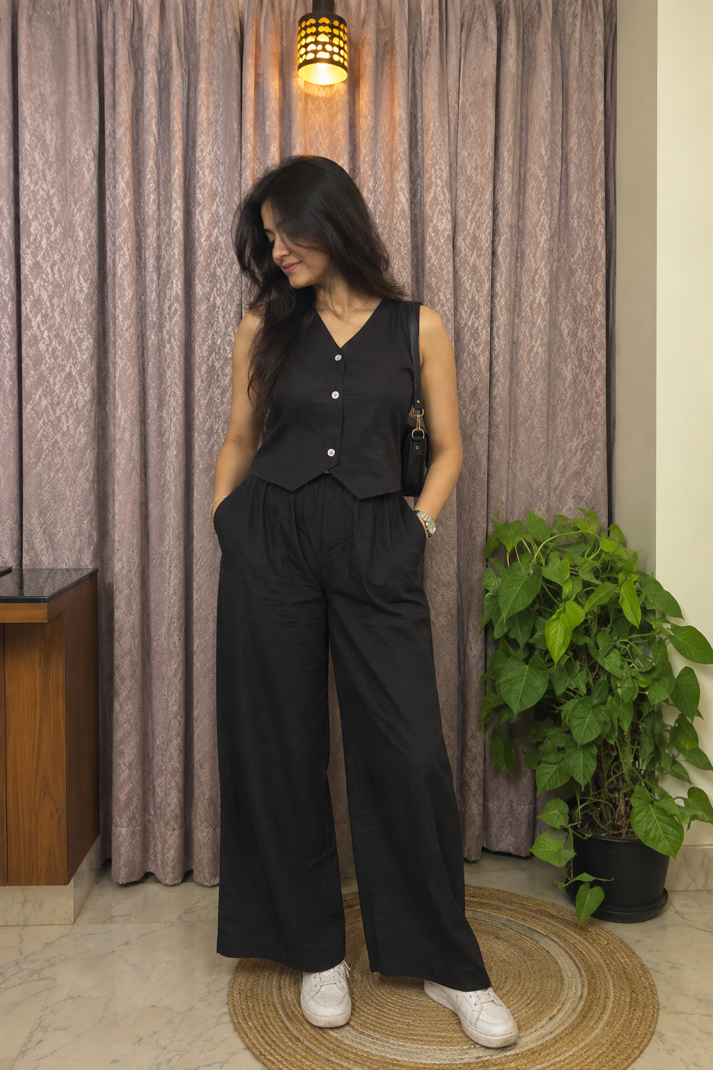 Black Sleeveless Vest and Wide-Leg Trouser Set