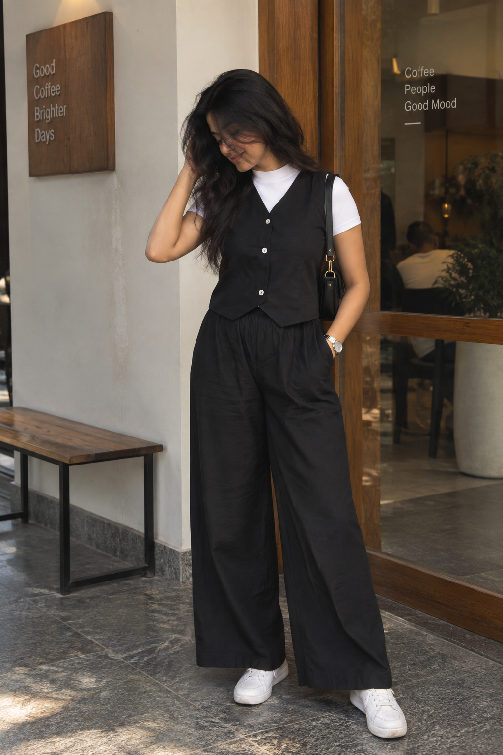 Black Sleeveless Vest and Wide-Leg Trouser Set