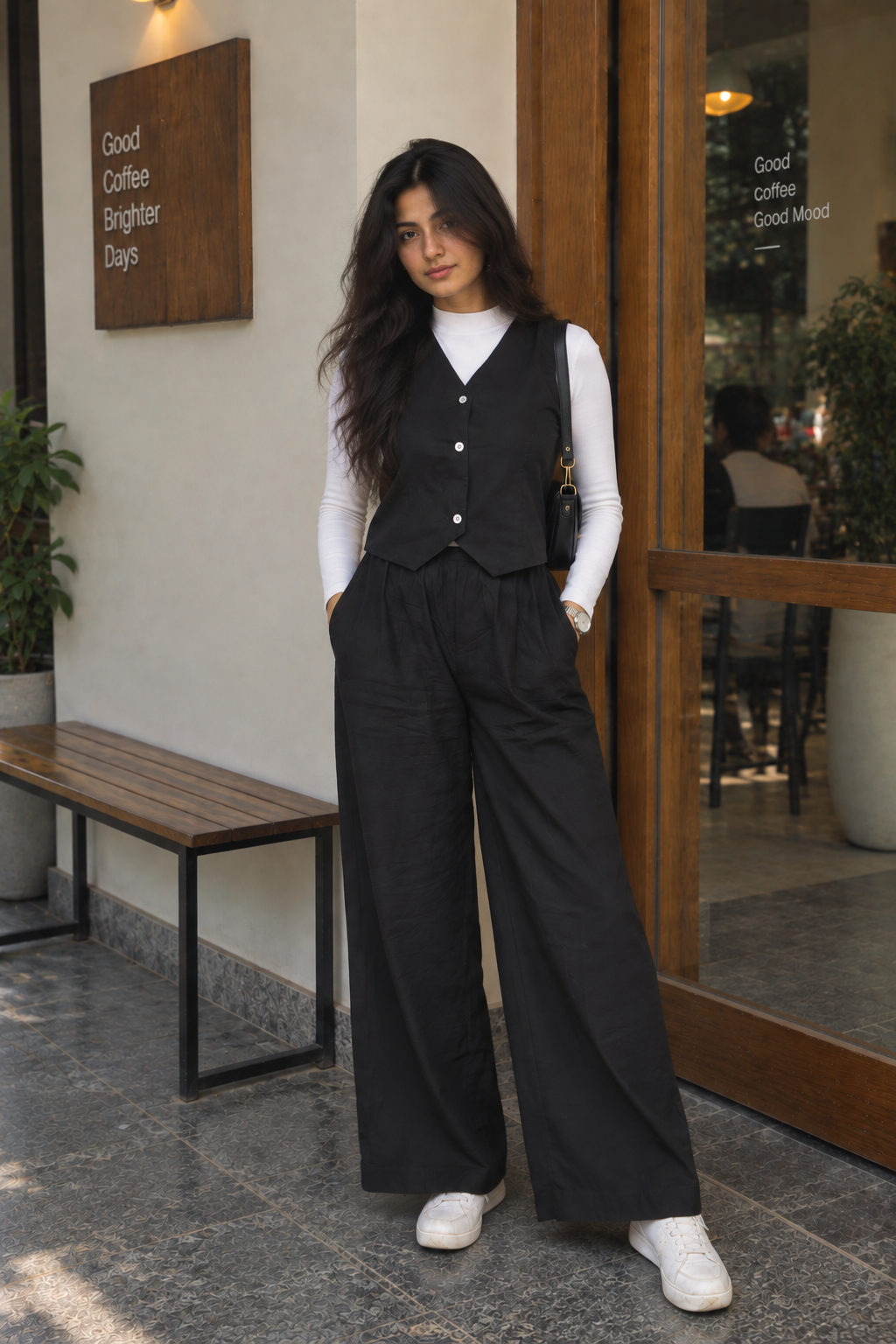Black Sleeveless Vest and Wide-Leg Trouser Set