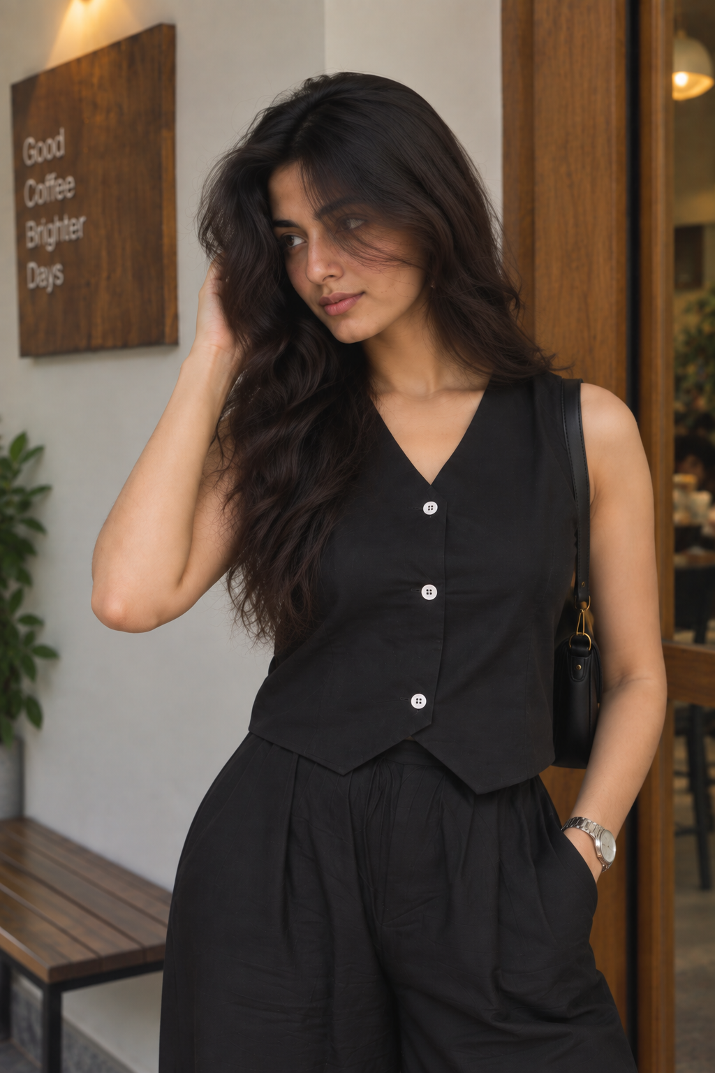 Black Sleeveless Vest and Wide-Leg Trouser Set