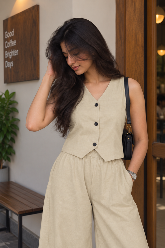 Cream Sleeveless Vest and Wide-Leg Trouser Set