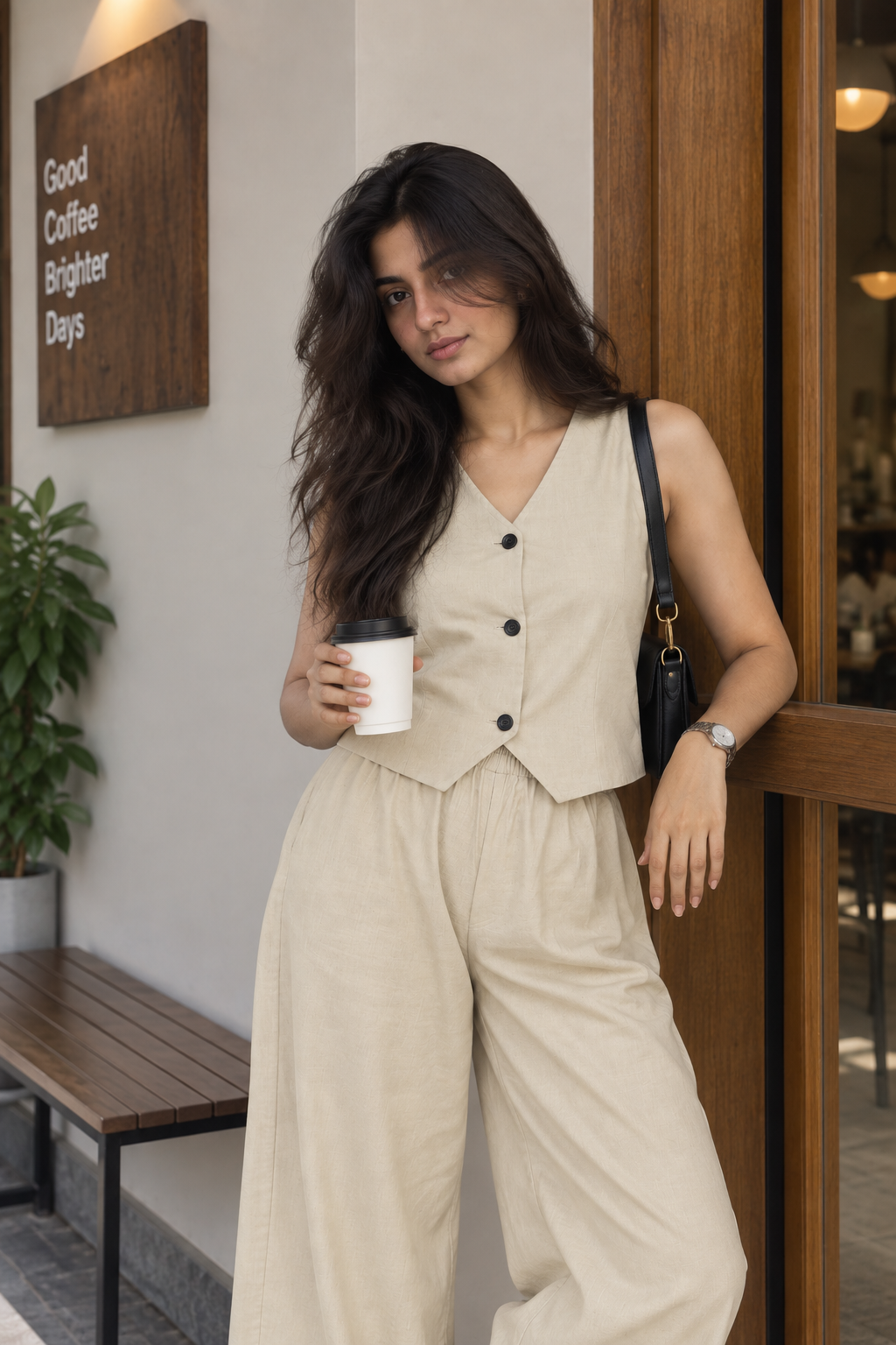 Cream Sleeveless Vest and Wide-Leg Trouser Set