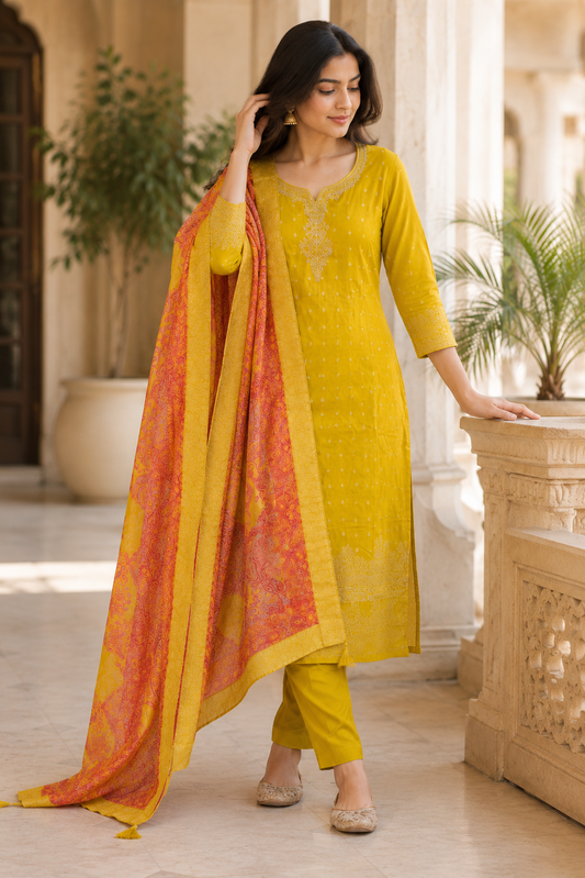 Light Olive Green Kurti Set with Printed Dupatta