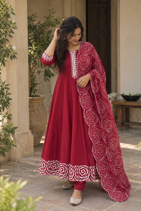 Crimson Rose Print Anarkali Set