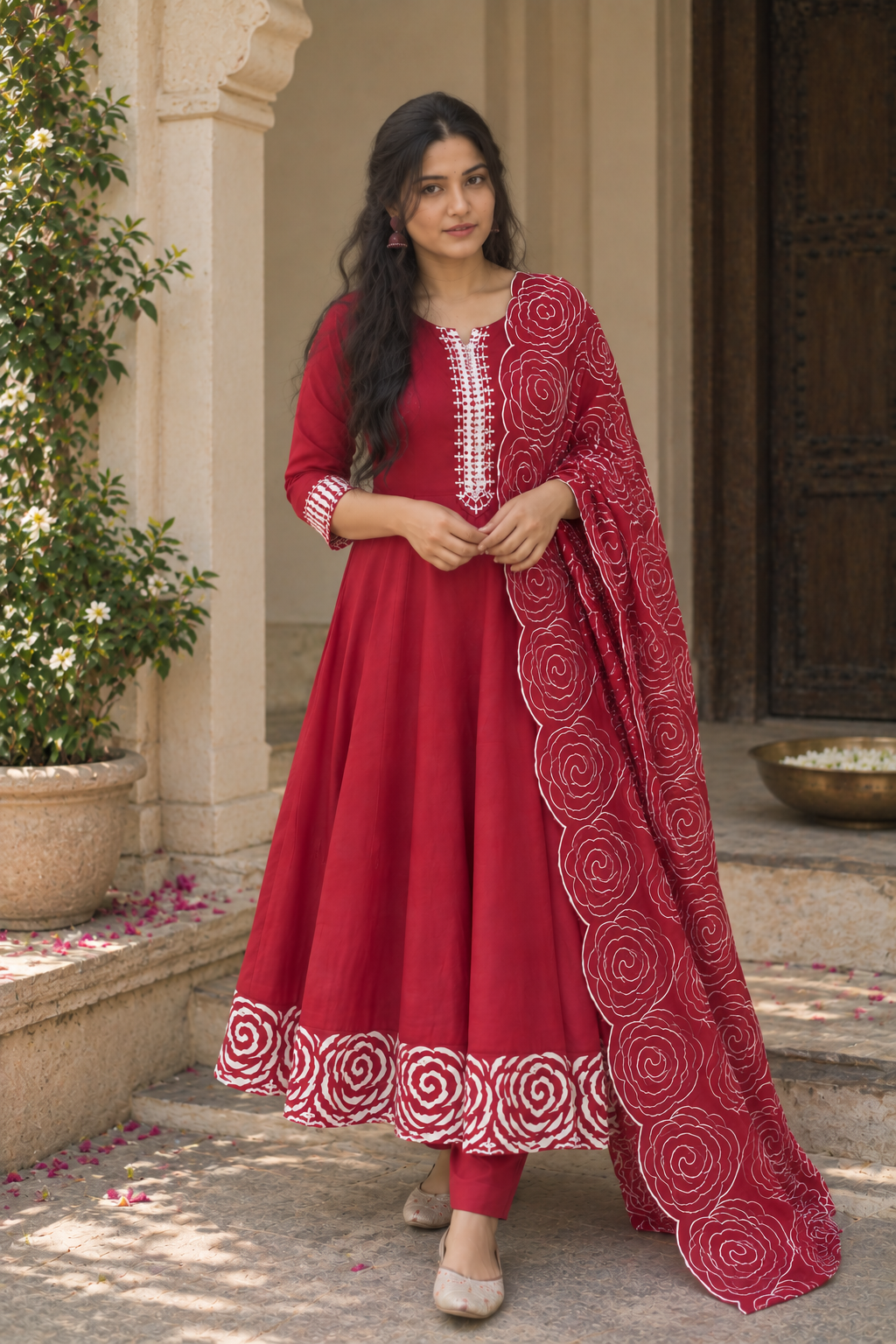 Crimson Rose Print Anarkali Set