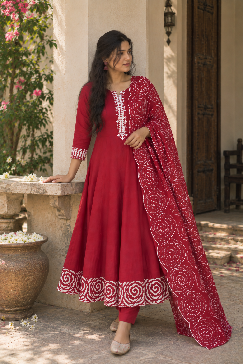 Crimson Rose Print Anarkali Set